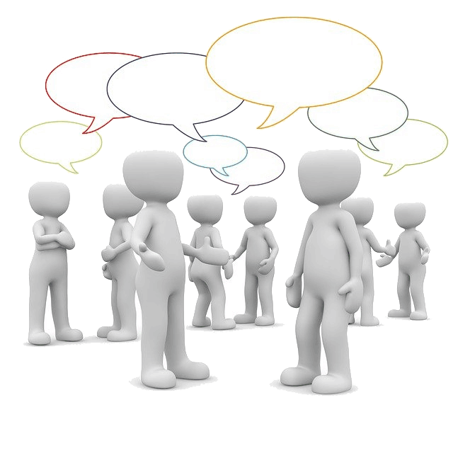 Collaborative Discussion Illustration 3D figures standing in groups with colourful speech bubbles above their heads, representing a collaborative discussion.